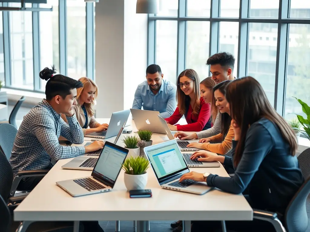 A team collaborating on a project using Microsoft Teams on their laptops in a bright office.