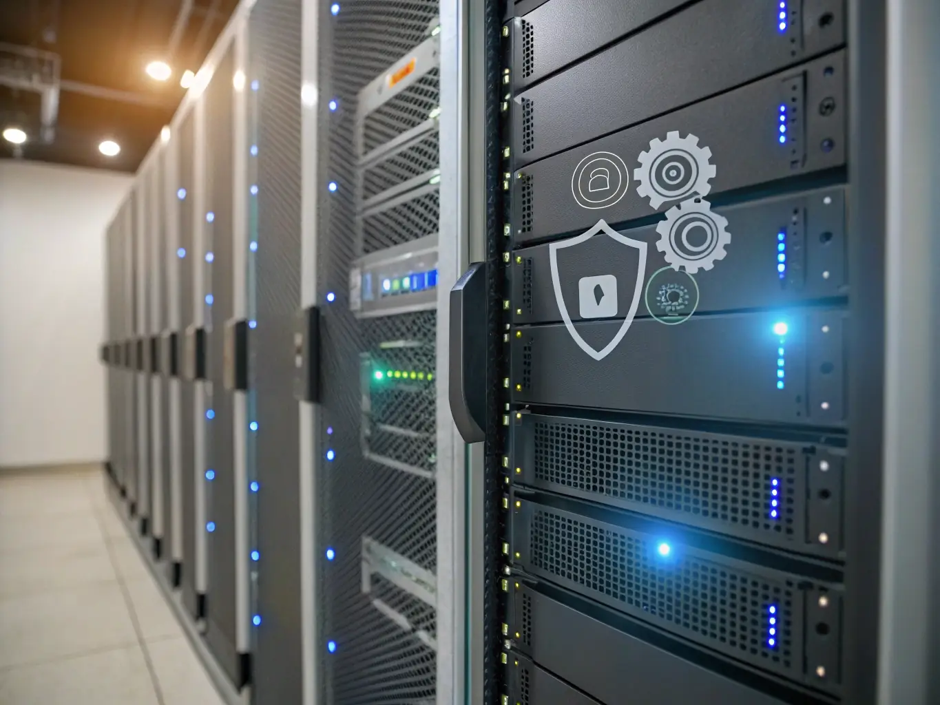 A digital illustration depicting a shield protecting a server rack from digital threats like viruses and malware, symbolizing data protection for a real estate business.