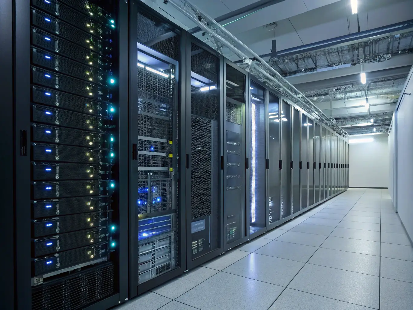 An image of a secure server room with multiple blinking lights, representing the uptime and reliability of IT infrastructure for real estate operations.
